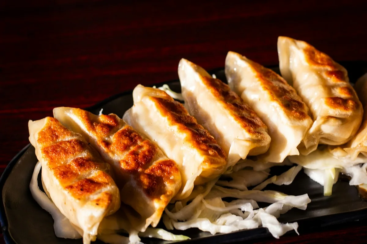 A row of pan-fried gyoza with crisp golden bottoms