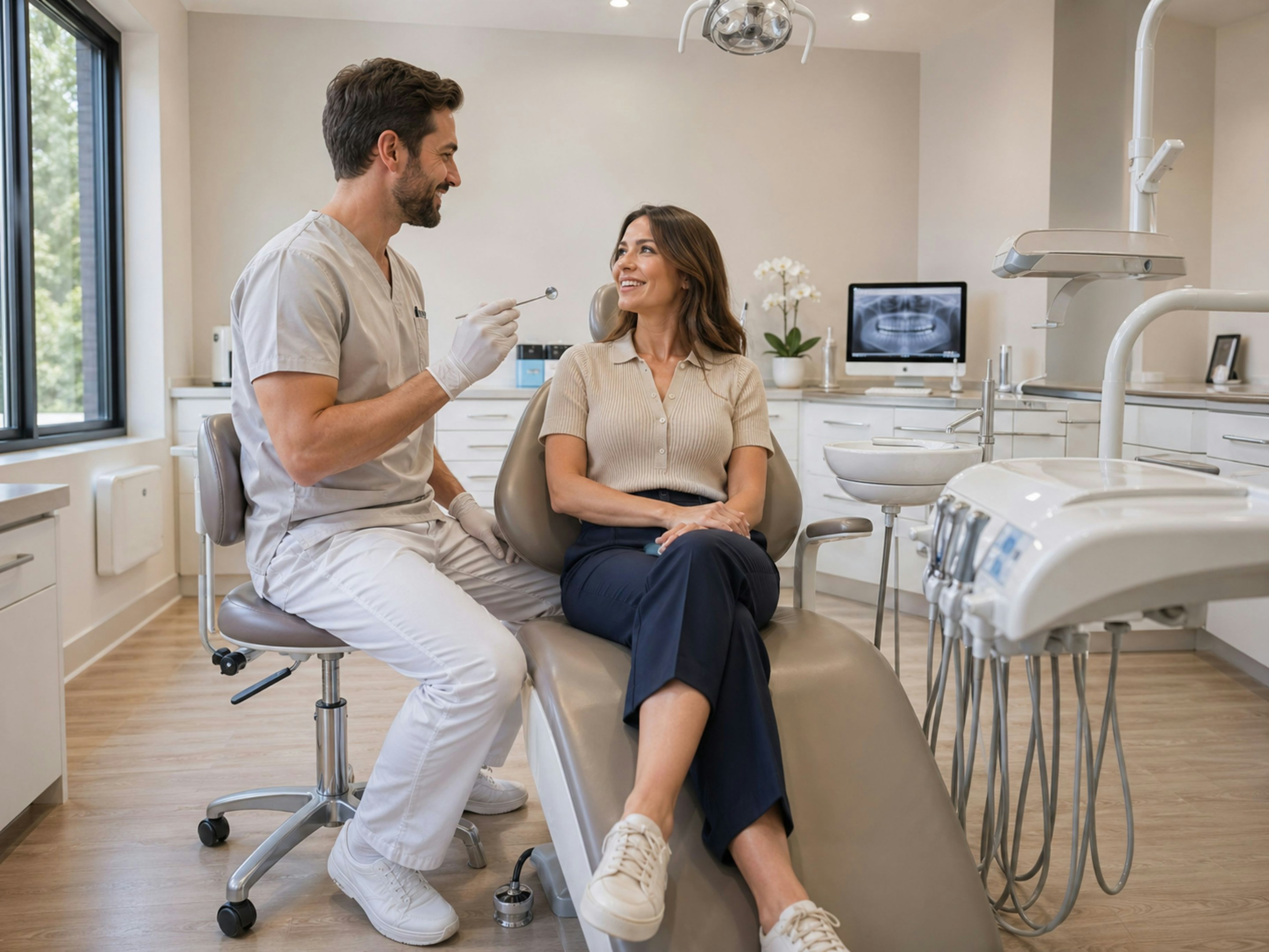 Dental professional talking with an adult patient in a bright clinic