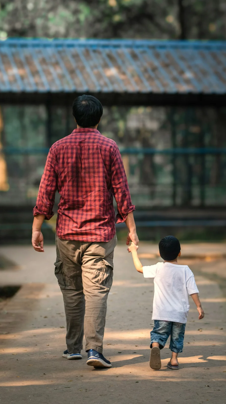 A father and his young son walking hand in hand along a sunlit path
