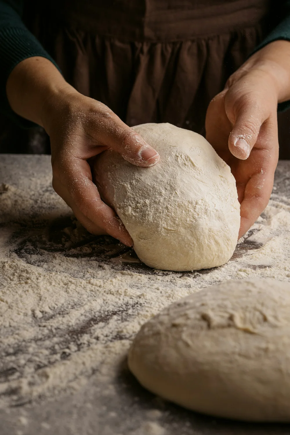 Floured hands pressing a ball of sourdough on the bench