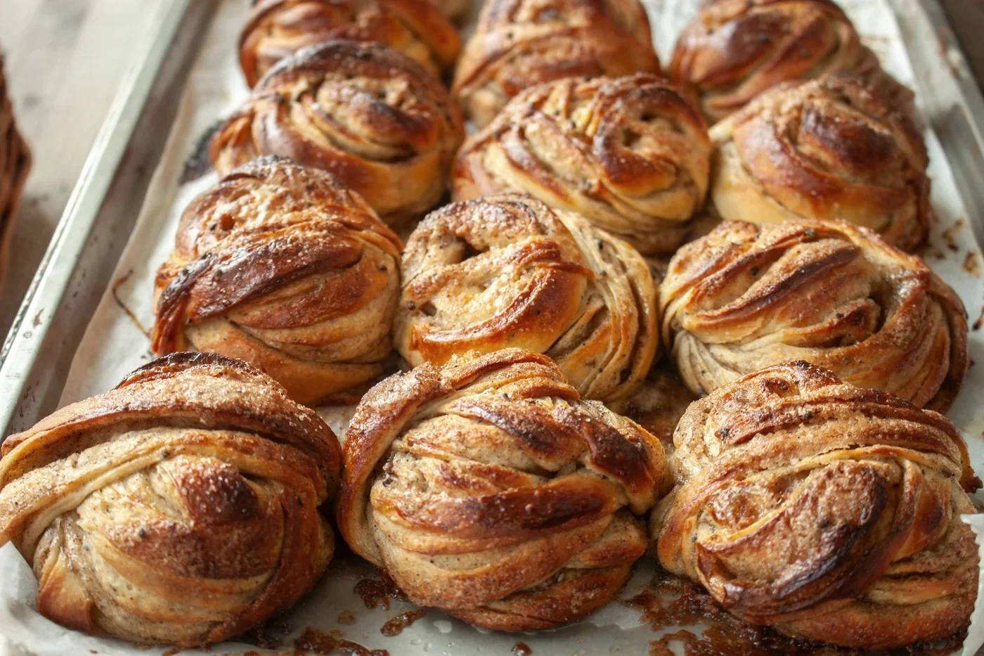 A tray of freshly baked cardamom knots, glossy and dusted with sugar