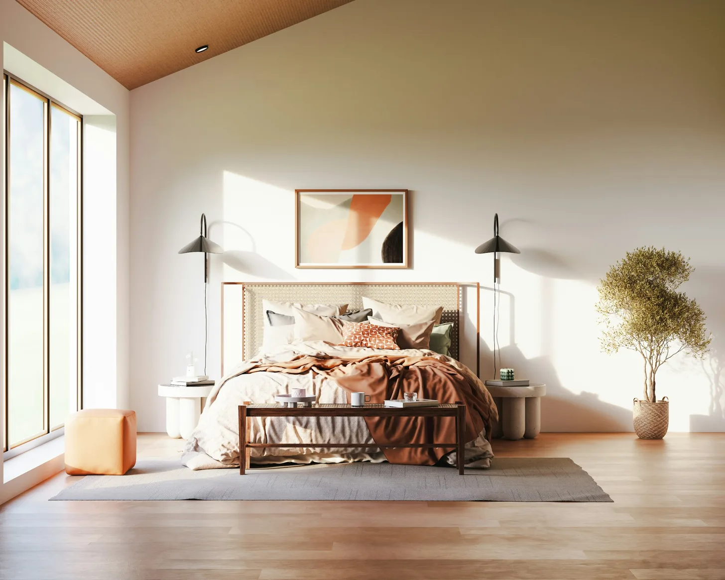 Strandly Inn suite with tall windows, linen bed and oak floor