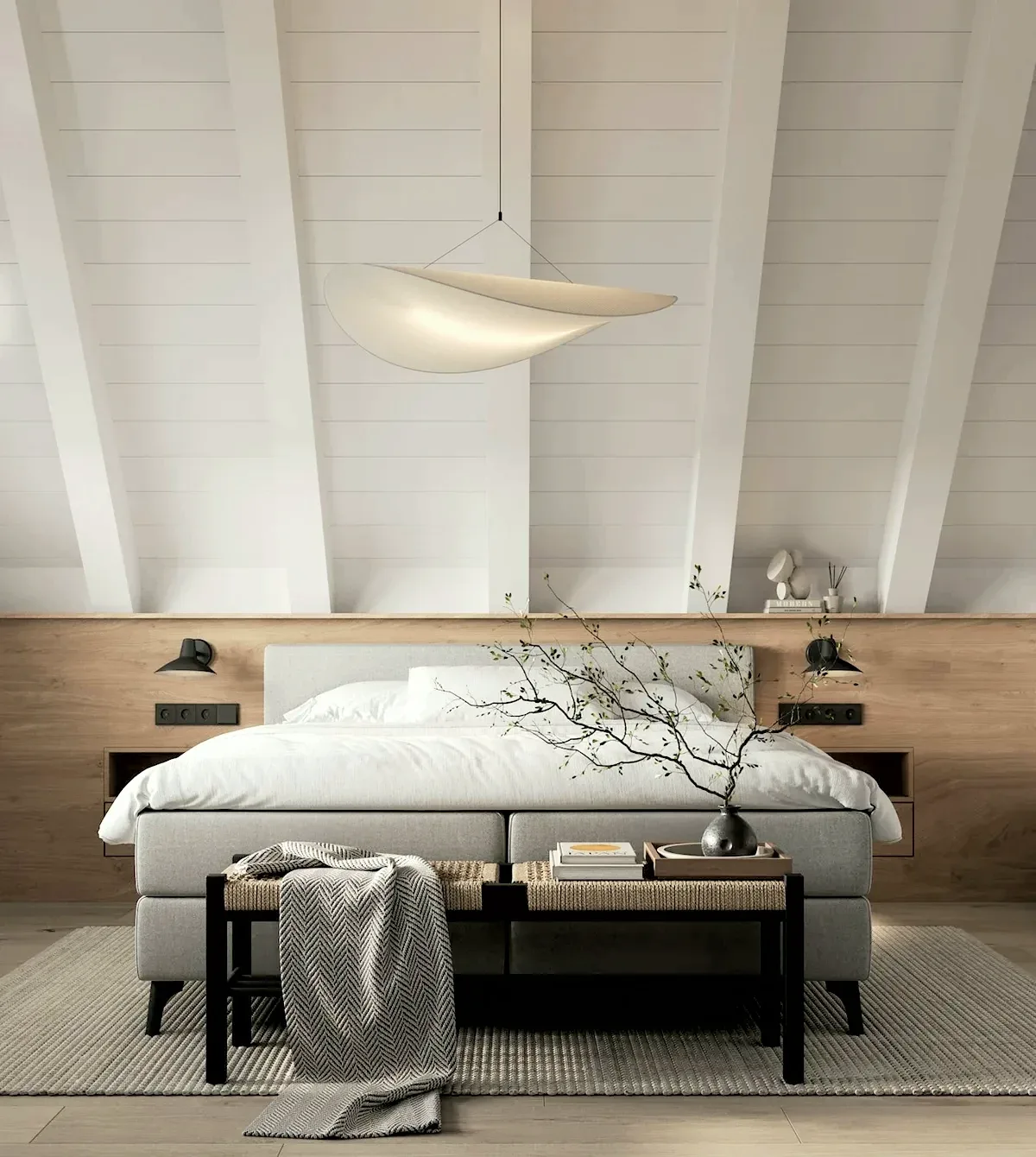 Tisvilde Cabin bedroom with white timber rafters and an oak headboard