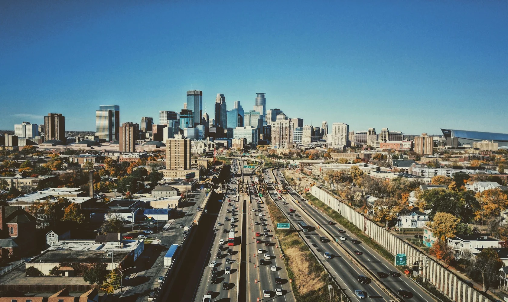 Downtown Minneapolis seen from the south on a clear autumn day